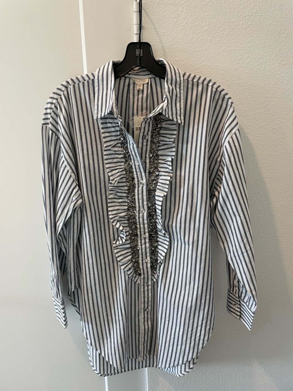Pilcro White and Navy Vertical Stripe Ruffle Shirt NWT